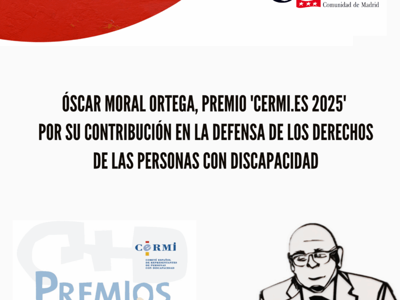 Titular de la noticia, logotipo de CERMI Madrid y de los premios y figura de ÓScar Moral