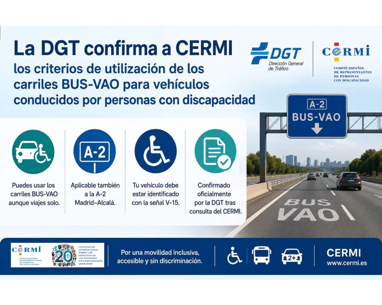 La DGT confirma a CERMI Estatal los criterios de utilización de los carriles BUS-VAO para vehículos conducidos por personas con discapacidad